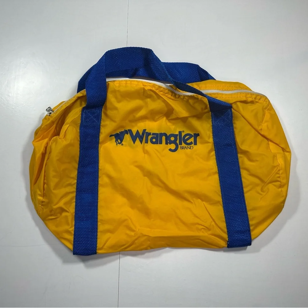 Vintage Wrangler‎ Duffle Bag Barrel Luggage Yellow Nylon Blue Jeans Cowboy Case